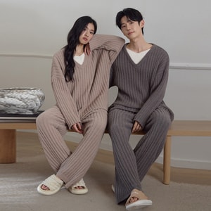 Couple's pajamas half fleece thickened loose fitting casual men's and women's home wear set warm fleece women's style warm coffee color size M