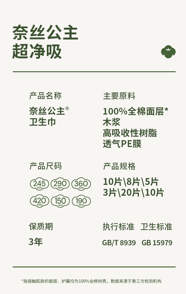 【中國直郵】 全棉時代 奈絲公主衛生巾女生純棉親膚超薄 日夜兩用290mm 8片/包