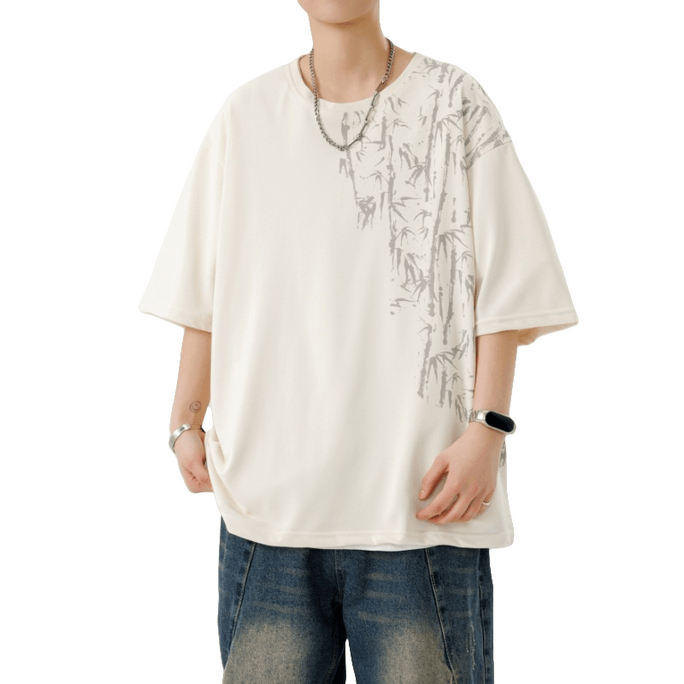 Bamboo Print Short Sleeve Loose T Shirt for Men A331-Beige M