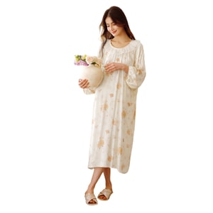 【中国からの直送】HSPM 新作 スイートレース ゆったり 快適 長袖 ホームナイトドレス ライトイエロー M