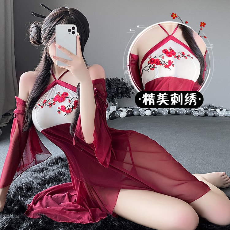 Erotic lingerie sexy country style Hanfu nightgown uniform set red - even  size [dress + T pants + flutter sleeves * 2] - Yami.com