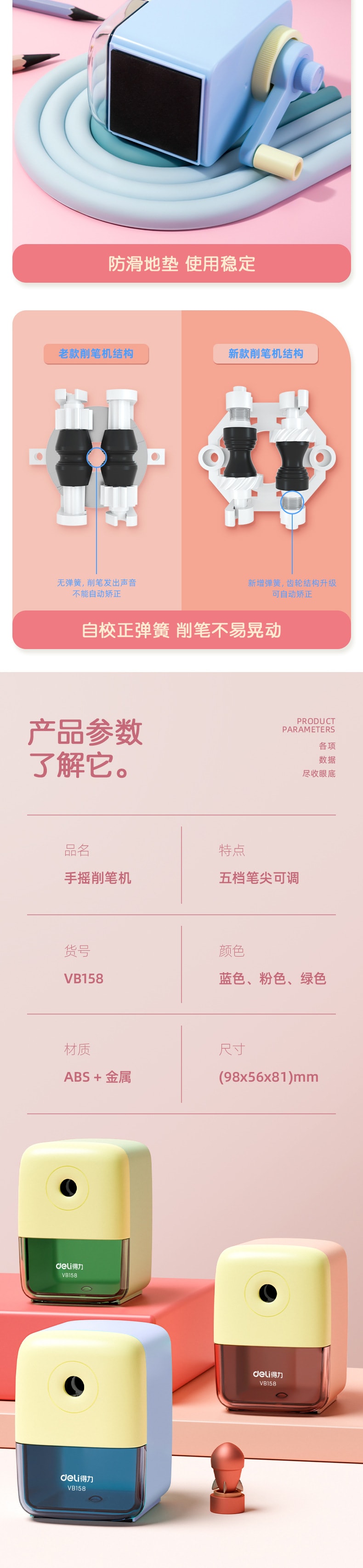 得力 手摇式削笔刀 5档可调 蓝色 1个 转笔刀 小学生铅笔刀