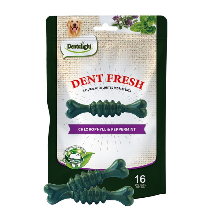 美国 Dentalight - Dent Fresh 360°狗狗磨牙棒叶绿素和薄荷味清新口气去除牙菌斑18支装150克