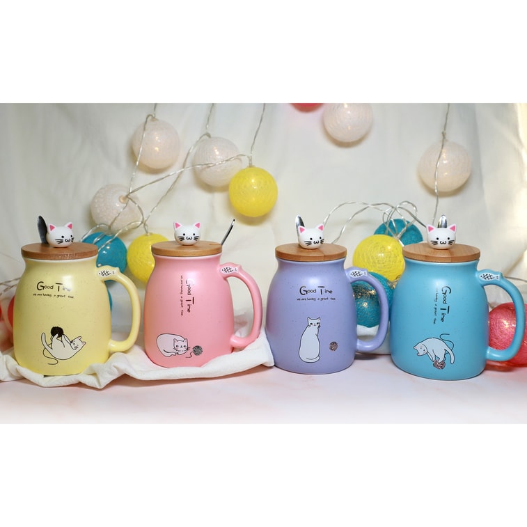 GINKGOHOME Cute Cat Milky Ceramic Mug With Spoon And Wood Lid - Sky Blue 12oz 8