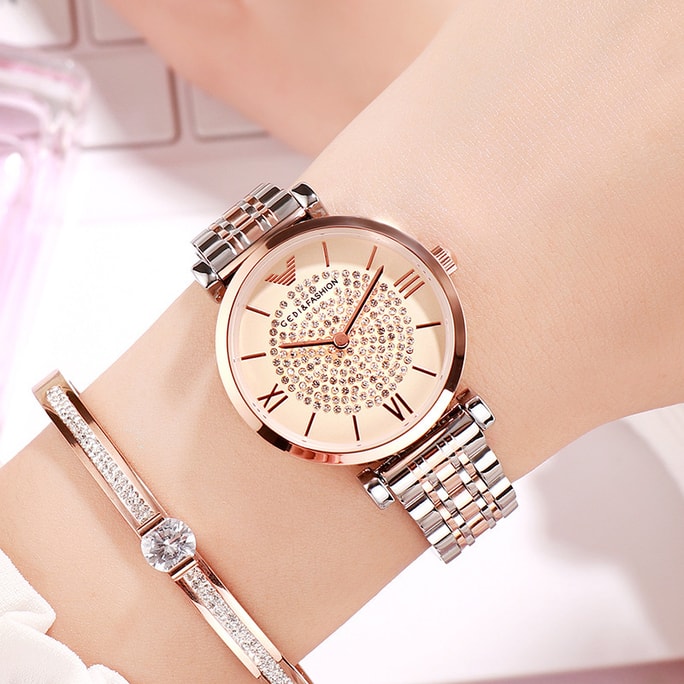 中國直郵 歌迪GEDI 爆款滿天星品牌女士鑲鑽女錶時尚潮流防水手錶 玫瑰金盤間金錶帶