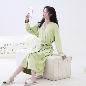 【中国直送】HSPM 新長袖ストラップ付き無地バスローブ 家庭用外着可能 グリーン M