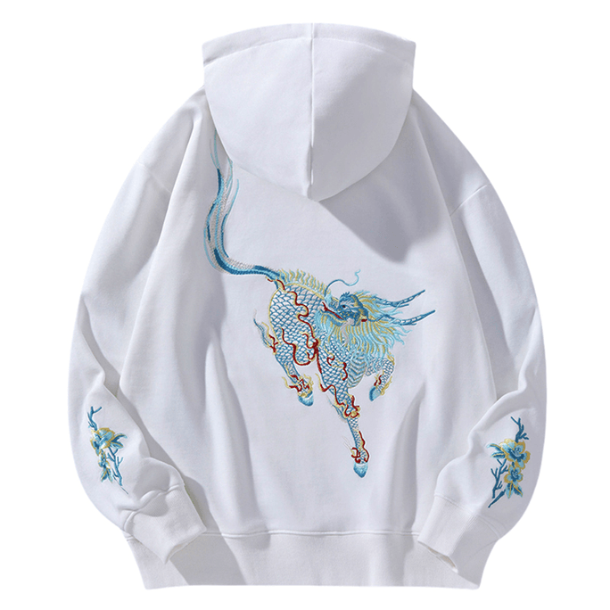 ASIS 中国風国民的トレンドキリン刺繍フード付きルーズスウェットシャツ-ホワイト M