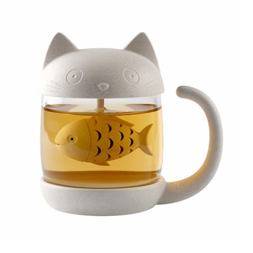 中国直邮猫咪谷纤维玻璃杯 环保过滤水杯可爱卡通玻璃泡茶杯柠檬花茶随手杯 猫咪1件
