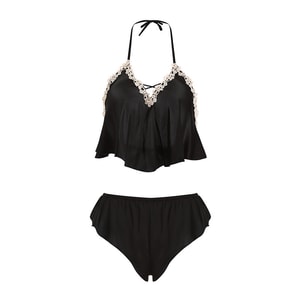 【中國直郵】 瑰若 情趣內衣 性感深V緞面蕾絲花邊吊帶短褲套裝 白色 均碼