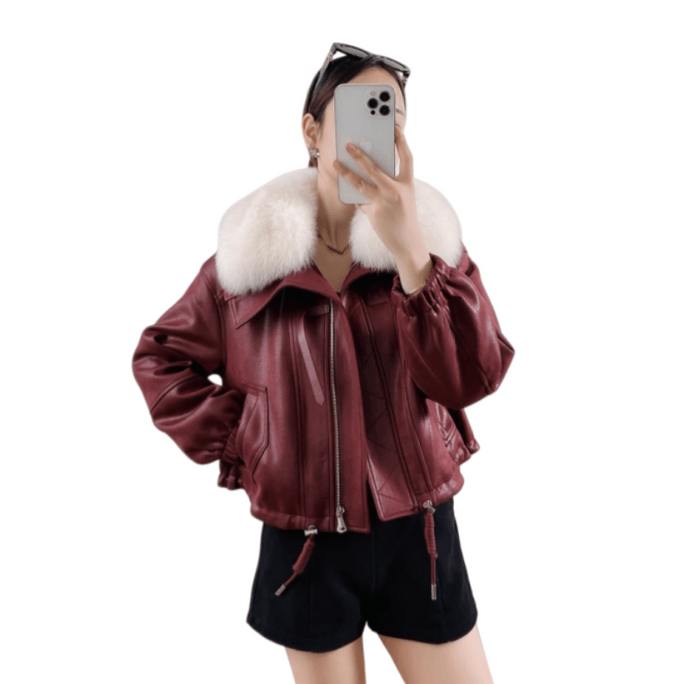 New Fox Fur Grass Coat Women's Goose Velvet Inner Tank Motorcycle Angola Red M (Under 125 Pounds)
