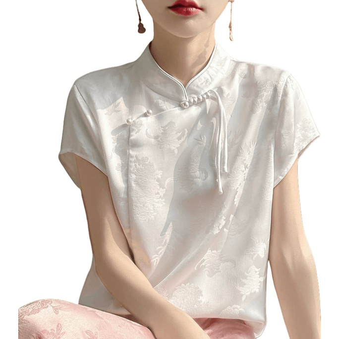 Chinese Style Silk T-Shirt Short Sleeve White M