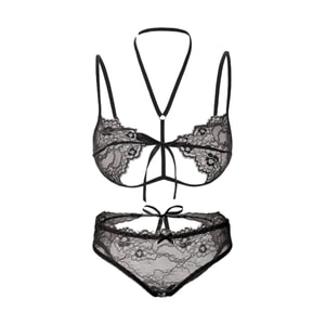 Heartbeat-Binding Lace Sheer Cutout Lace-Up Bra and Panty Set - Black