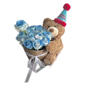 [중국발 다이렉트 메일] FOXTAIL 곰 인형 허그 버킷 부케, 프리저브드 플라워, 생일 선물, 파티 모임, 여자친구와 절친을 위한 발렌타인 데이 선물 - 아이스 블루 1pc* 예상 도착 시간 3-4주