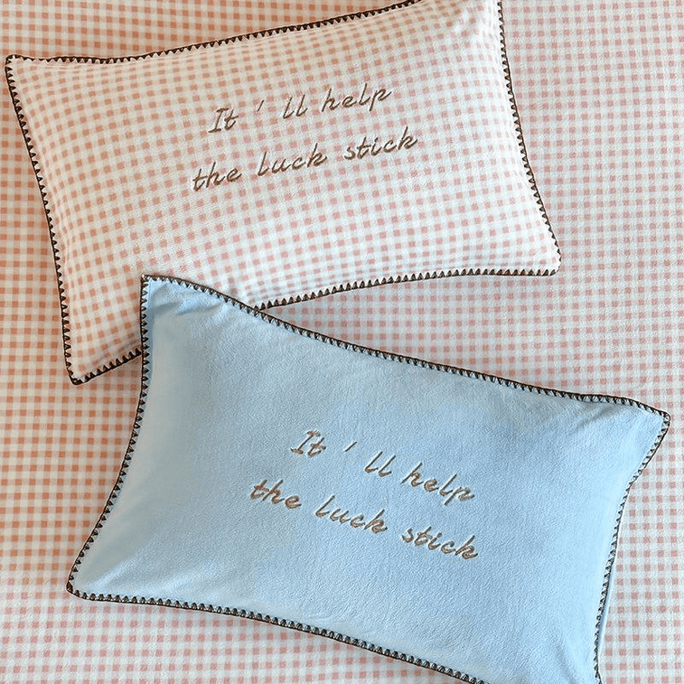 【中國直郵】 Lullabuy 撞色格子條紋床上四件套 床品被套枕套(床單款)桃霧海鹽-Queen 3