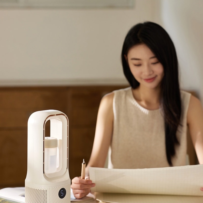 【中国直邮】 OLAYKS 无叶风扇家用桌面小型台式摇头电风扇加湿 陶白色-带香薰盒+加湿器 一个装