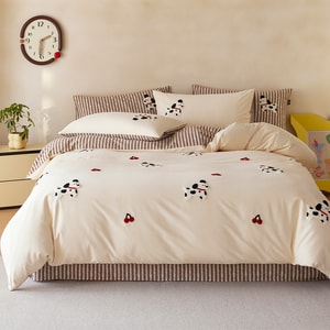 Cherry Dalmatian Dog Bedding Set For 1.2m Bed,100% Cotton,Towel Embroidery Cartoon Design,Ultra Soft Brushed Fabric,Warm Cozy For Bedroom,Autumn Winter Cute Aesthetic Dorm Home Bedding