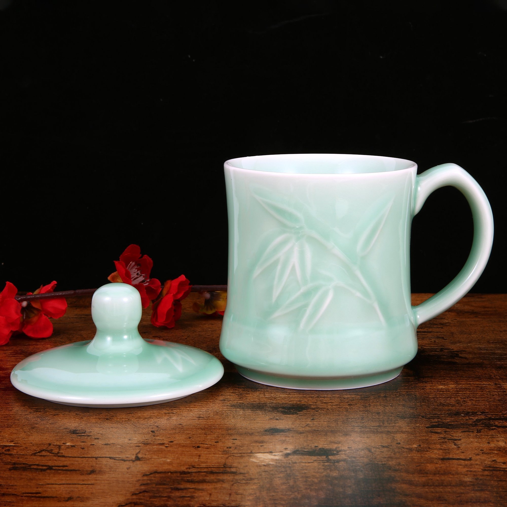 青花瓷茶杯 咖啡杯 牛奶杯 GREEN VALLEY青瓷带盖竹叶杯子礼盒 中国龙泉青瓷 世界非物质文化遗产 13盎司水杯 梅子青