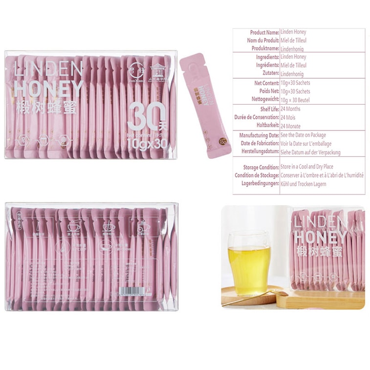 【Livraison directe du Canada】 Junxiang Miel de tilleul Miel pur naturel sauvage 300g (10gX 30p) pour le thé de l'après-midi, les infusions, les boissons, l'assaisonnement du miel ! Peut être utilisé pour les boissons, la cuisine, la pâtisserie, ou consommé directement, emballage individuel pratique pour le bureau et la maison. Cadeau de fête. 4