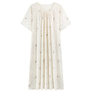 New Loose Thin Style With Chest Cushion Short Sleeved Medium Long Nightgown Milk White Floral Teddy Bear M