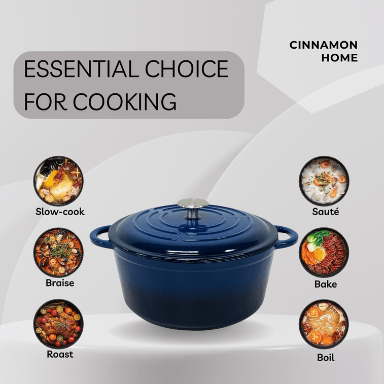 시나몬 주철 에나멜 냄비 26cm (5쿼트) 네이비 블루, 다용도 가정용 스튜 냄비/슬로우 쿠커. 천연 미세 압력 조리 방식으로 은은하게 끓여 풍미를 더합니다. 오븐 및 식기세척기 사용 가능. 5