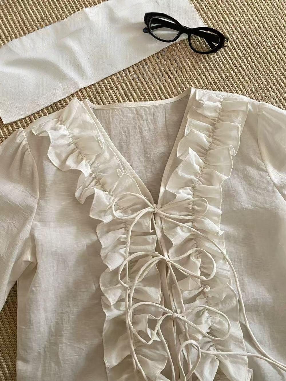 【加拿大直邮】 加拿大 SCENARIO 奶油白荷叶边系带上衣 米白色 S-M码 米白色 S