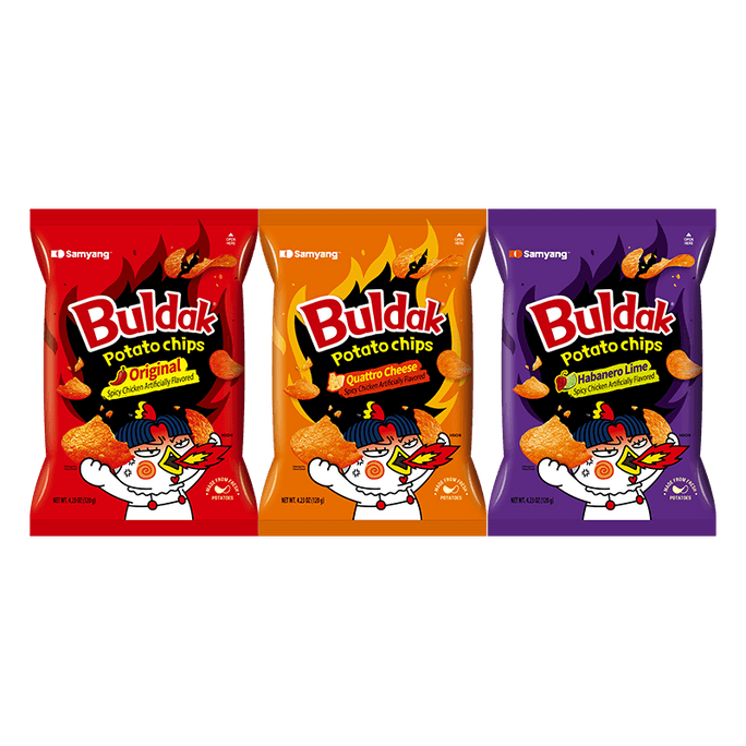 【中國直郵】韓國SAMYANG三養 Bulddk 經典火辣味+青檸味+四重芝士味火雞麵薯片 120g/3袋 原切層次感香辣酥脆