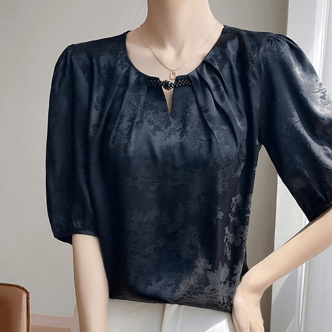 Chinese Style Stain Jacquard Beading Round Neck Short Sleeve T Shirts Black M