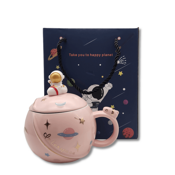 [새해 선물] 로켓 행성 머그컵 크리 에이 티브 우주 비행사 워터 컵 대용량 커피 컵 세라믹 컵 선물 상자 핑크 1 세트