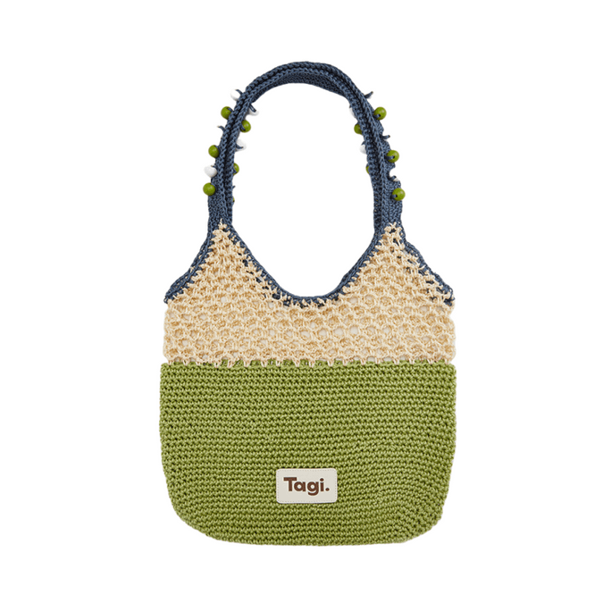 【中國直郵】 Tagi 機靈果子手工串珠編織包 36×38cm 撞色單肩包 春夏通勤百搭 抹茶芝士綠色款