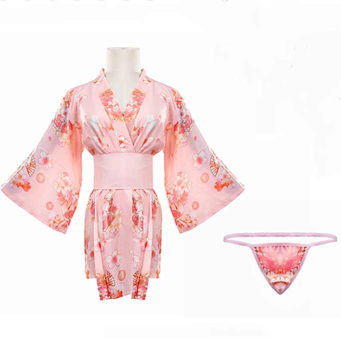 Sexy Lingerie Printed Cat Bow Kimono Bathrobe  Pink One Size
