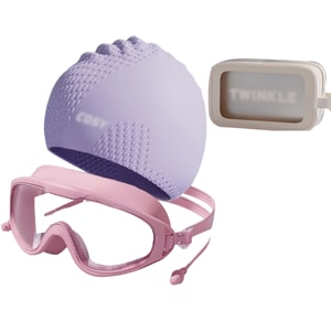 New Enlarged Silicone Swim Cap Goggle Set For Long Hair Waterproof Comfy Purple 3pcs Set 1set