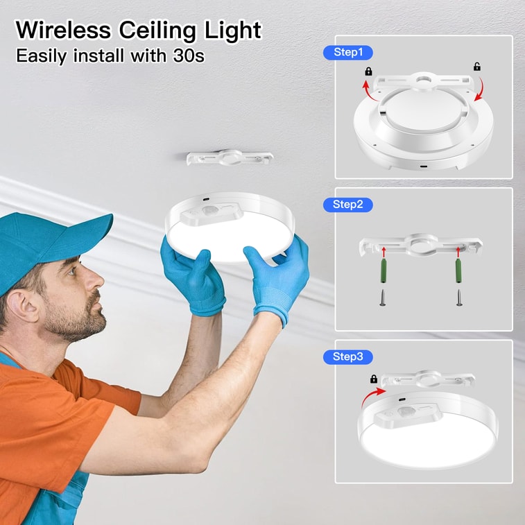2Pack Newly Upgraded Rechargeable Ceiling Light with Remote for Closets Stairs Shower 4