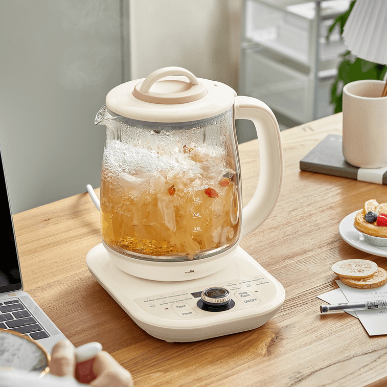 ガラスとステンレススチール製の電気ケトル（取り外し可能なティーバスケット付き）、容量60.87液量オンス（YSH-D18L5）、クリーム色 4