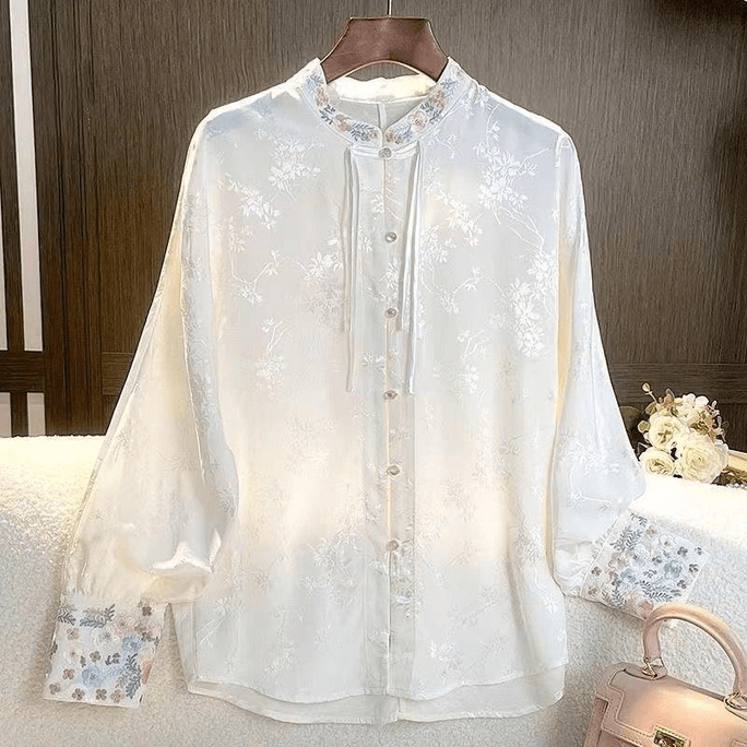【中国からの直送】ASIS風刺繍ジャカードボタン唐装シャツ - ホワイト 2XL