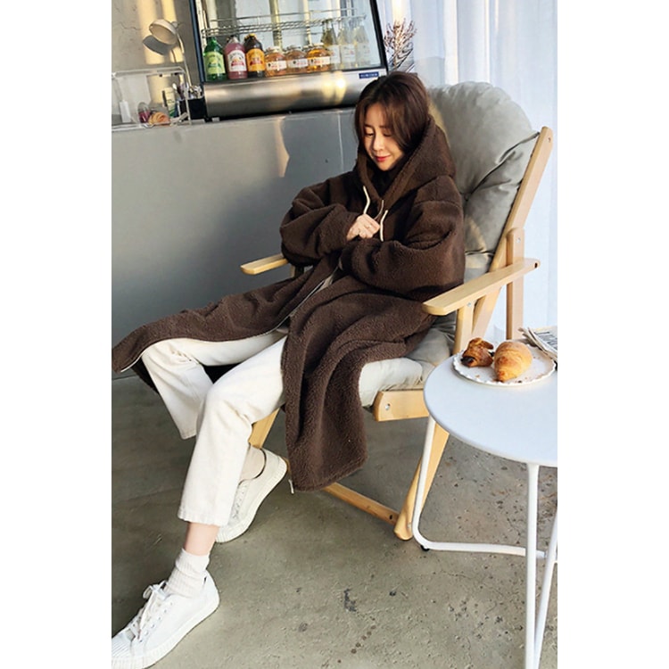 Hooded long loose plush cardigan brown one size - Yami.com
