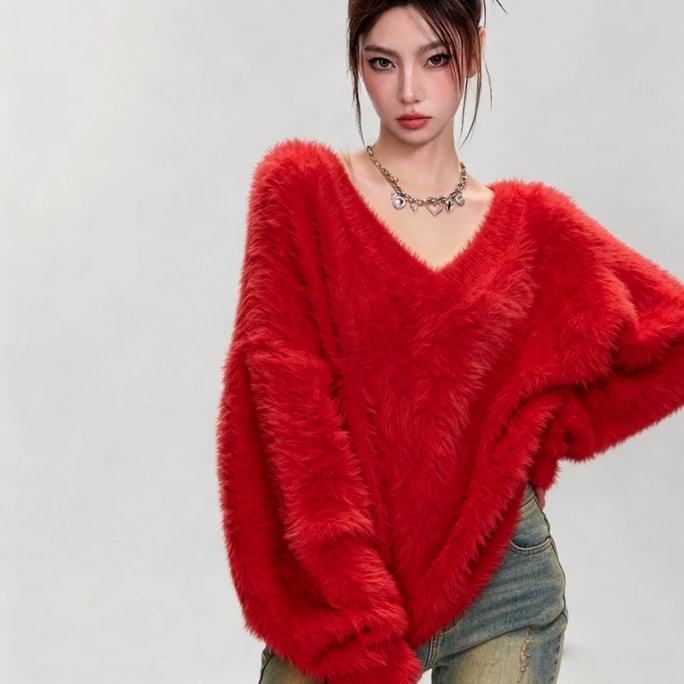 Red Mink-Vibe V-Neck Sweater Size S – Plush & Soft, Relaxed Fit. Warm & Versatile. Pairs With Jeans Or Skirts. Perfect For Students & Commuters. Premium Quality.
