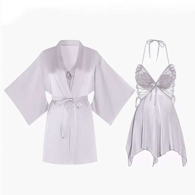 French-Inspired Butterfly Lace Satin Nightdress Set with Robe – Elegant Lavender Gray