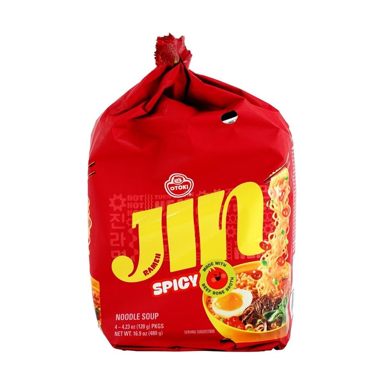 Spicy Jin Ramen - Korean Style Instant Noodles, Rich and Savory Beef Broth , 4 Pack 16.9 oz  8