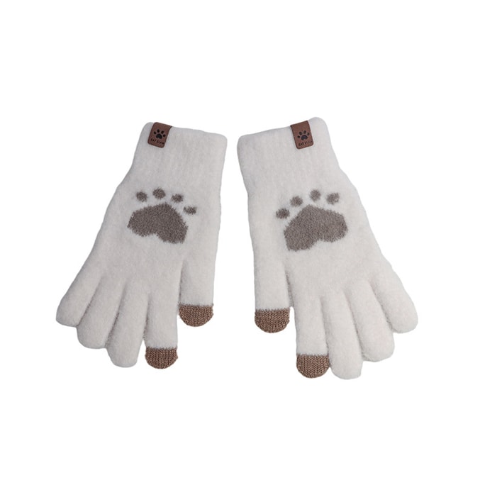 Plush Gloves Winter Warm Cute Female Winter Cold Padded Cat Paw Milk White
