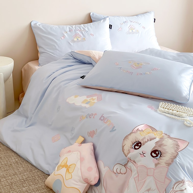 Cute Kitty Embroidery Bedding Set For 1.2m Bed. 60S Long Staple 100% Cotton, Soft & Skin-friendly. Glossy, Breathable Cat Applique Bed Linen For Bedroom, Dorm Or Rental. Sweet Girl Home Decor. 3