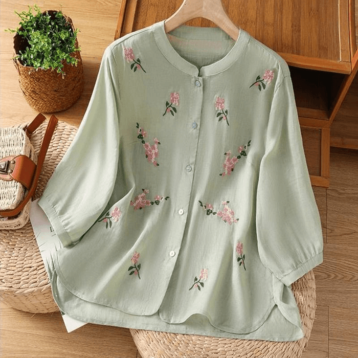 【中國直郵】 ASIS 棉麻刺繡拼接七分袖T卹上衣-綠色 M