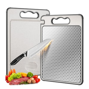 Stainless Steel Cutting Board for Kitchen, Scratch Resistant Mesh Design, Reversible 304 Stainless Steel & Wheat Straw, Non Toxic Chopping Board for Meat, Dishwasher Safe, 14.4"*9.8",1Pcs Grey