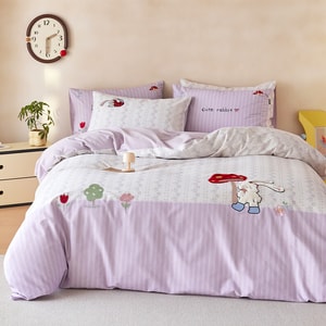 Soft Candy Rabbit Bedding Set 1.5m Bed 100% Cotton Cute Cartoon Towel Embroidery【Ultra-soft Brushed Fabric】Warm Cozy Breathable Bed Sheet Duvet Cover Pillowcase For Bedroom Dorm Apartment Autumn