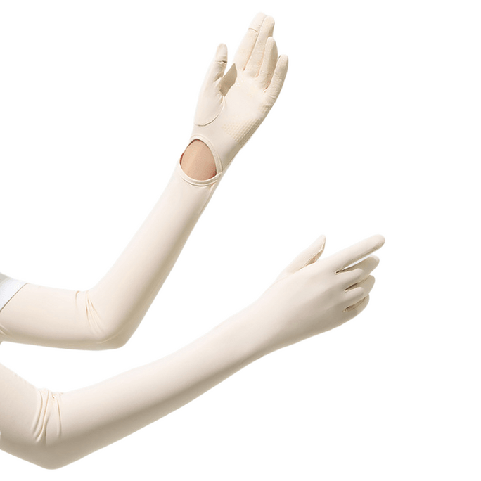 Sun Protection Gloves Nylon Ice Silk Arm Sleeves for Women Summer UV Protection Cooling Long Sleeves Ivory 1Pair