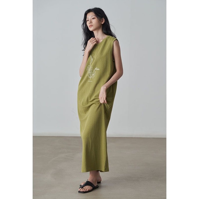 HSPM New Round Neck Sleeveless Printed Dress Green M