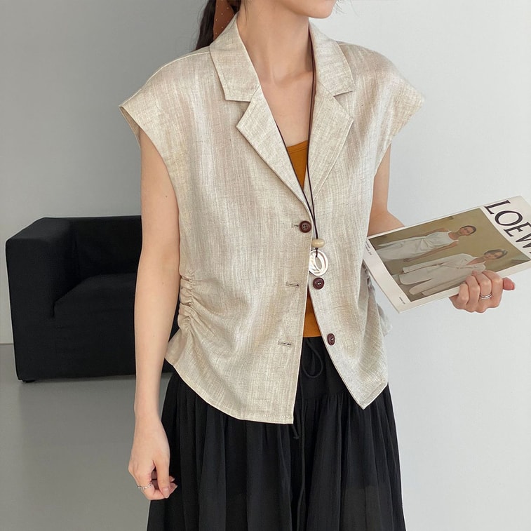 Elegant V‑Neck Vest Linen Color Size L 1 Piece Old‑Money Commute Style Lyocell‑Linen Blend Vintage Pleated Waist‑Cinching Vest Top 4