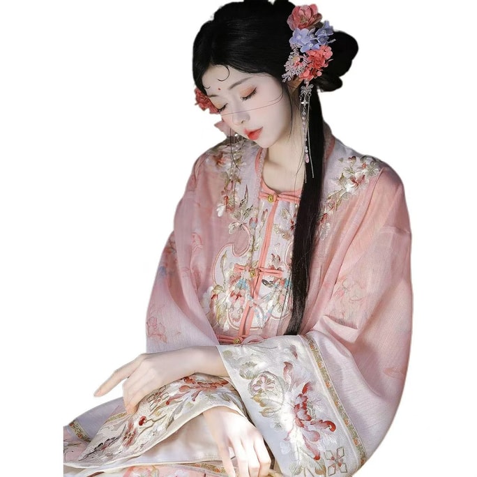 Heavy Embroidery New Chinese-style Hanfu Qing And Han Women's Printed Gradient Set Retro Bag Skirt - Pink L Size 1Set