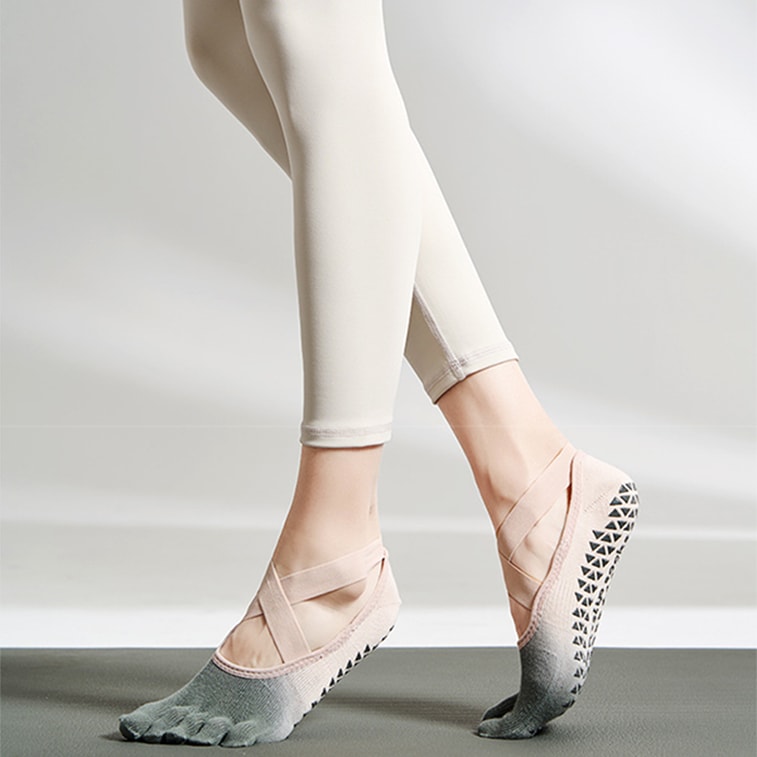 New Gradient Strap Anti Slip Five Finger Sports Yoga Socks Pink And Ash M 7