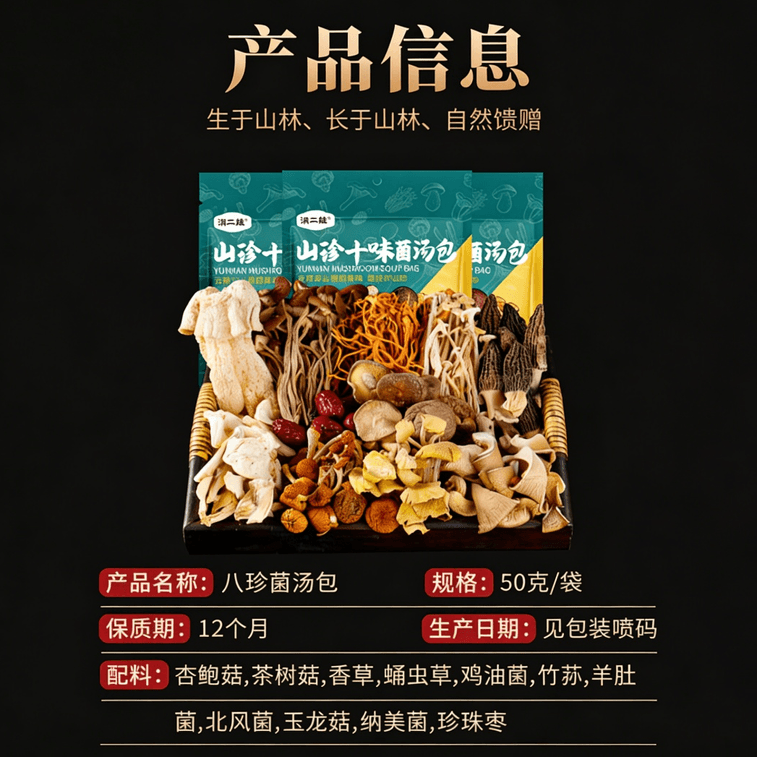 Colorful Mushroom Soup Dumplings (10 Flavors) 50g/1 Pack (6 Matsutake Mushrooms) Yunnan Specialty Mushroom Stewed Chicken Soup Base Pack Matsutake Mushroom Ingredients Non-Fir Mushroom 6