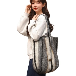 [중국 직배송] HSPM 신상 가을/겨울 양면 울 토트백, 편안한 숄더백, 대용량 쇼핑백, 트렌디한 회색과 흰색 세로 스트라이프, 양면 사용 가능 (F) 1개